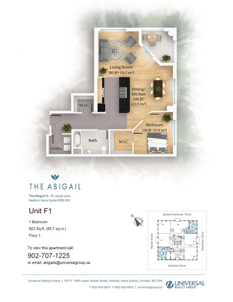 A floor plan for The Abigail apartment complex shows the layout of Unit F1.